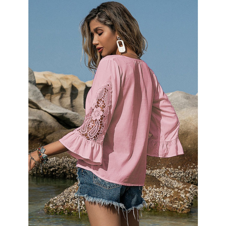 V-Neck Lace Flounce Sleeve Blouse Blush Pink / S Apparel and Accessories