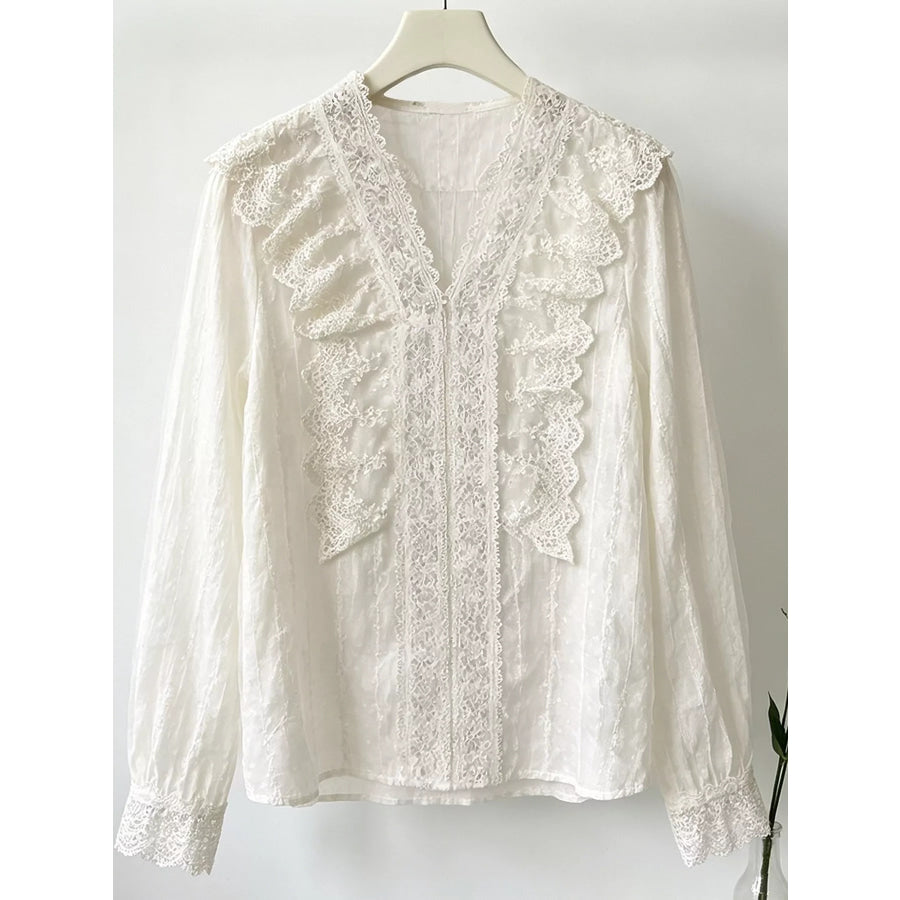 V-Neck Lace Ruffle Sheer Blouse Apparel and Accessories