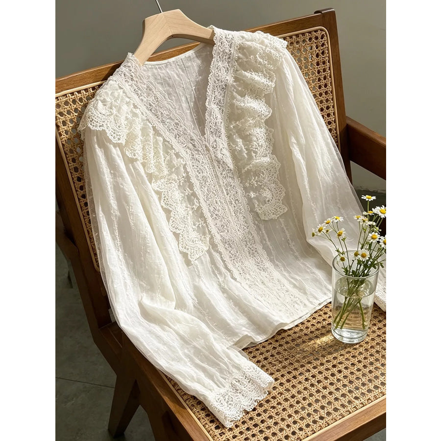V-Neck Lace Ruffle Sheer Blouse Apparel and Accessories