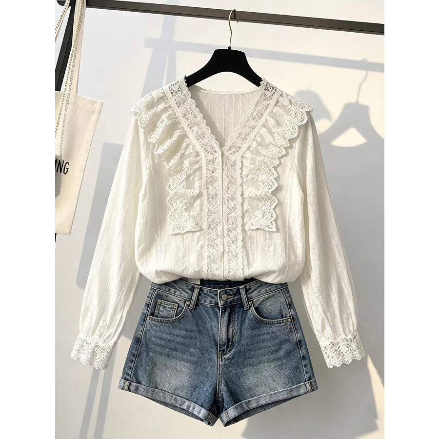 V-Neck Lace Ruffle Sheer Blouse Apparel and Accessories