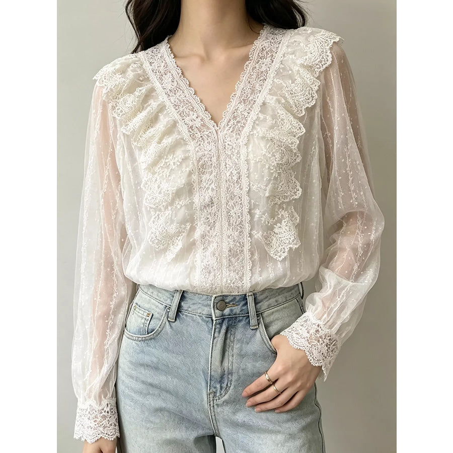 V-Neck Lace Ruffle Sheer Blouse Apricot / M Apparel and Accessories