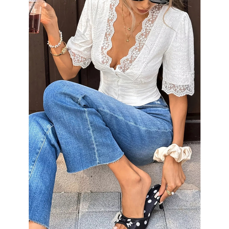 V-Neck Lace Trim Eyelet Blouse Apparel and Accessories