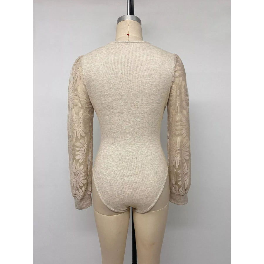 V-Neck Lace Trim Floral Mesh Sleeve Bodysuit Apparel and Accessories