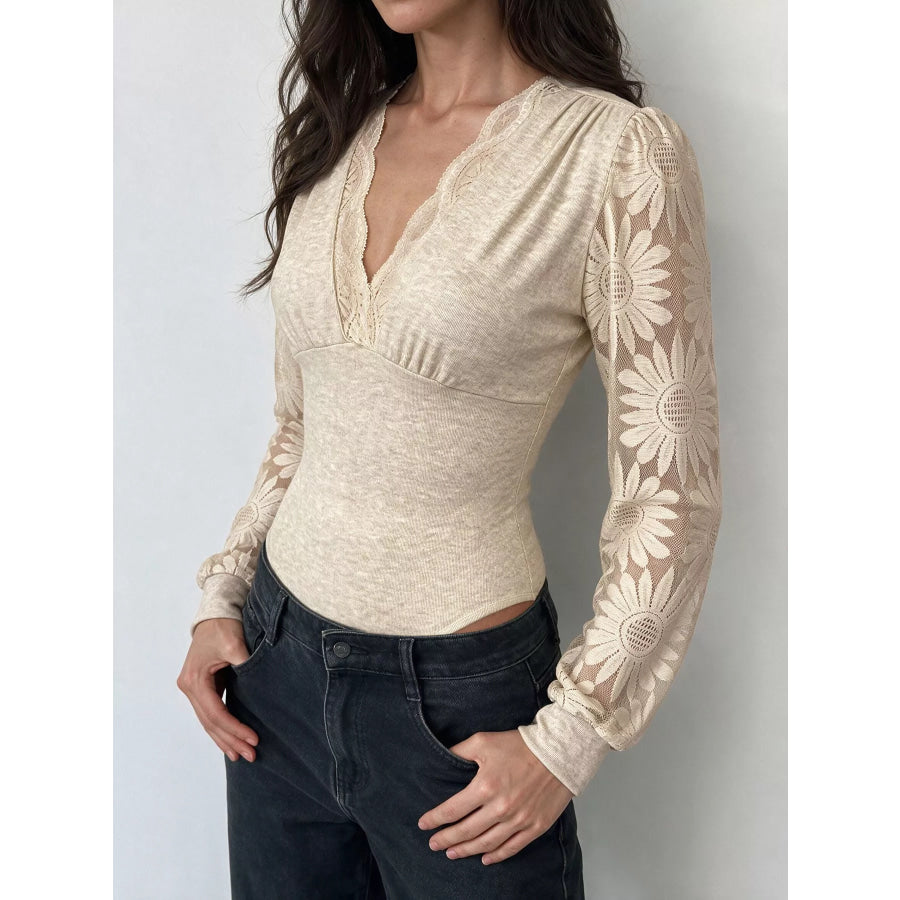 V-Neck Lace Trim Floral Mesh Sleeve Bodysuit Apparel and Accessories