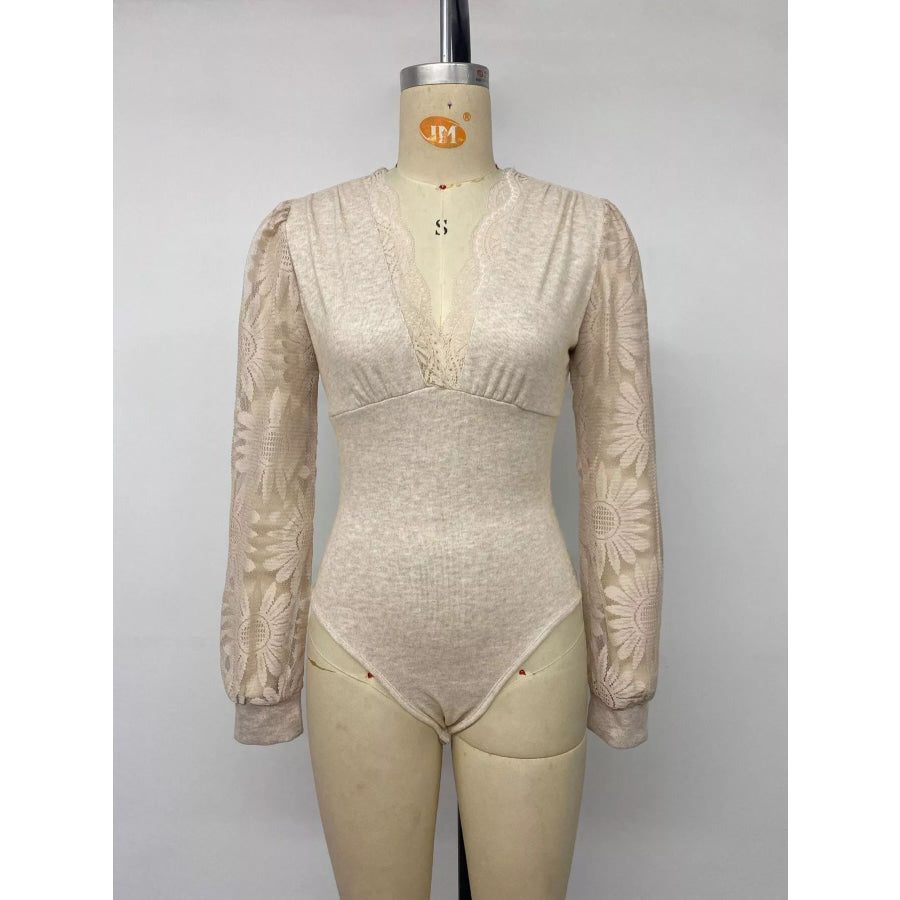 V-Neck Lace Trim Floral Mesh Sleeve Bodysuit Apparel and Accessories