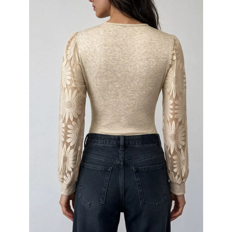 V-Neck Lace Trim Floral Mesh Sleeve Bodysuit Apparel and Accessories