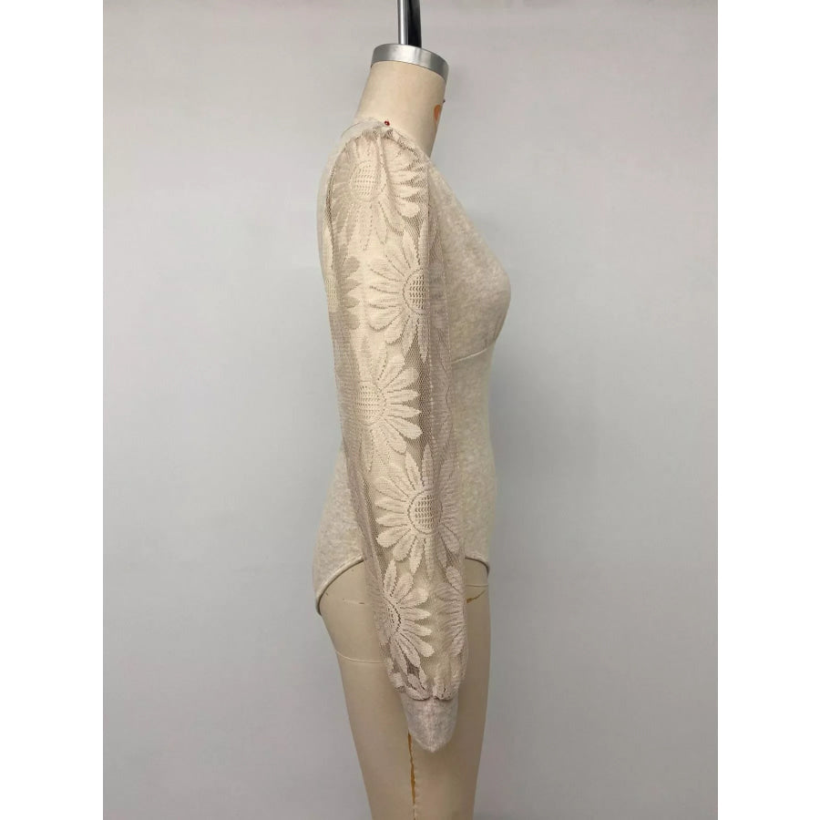 V-Neck Lace Trim Floral Mesh Sleeve Bodysuit Apparel and Accessories