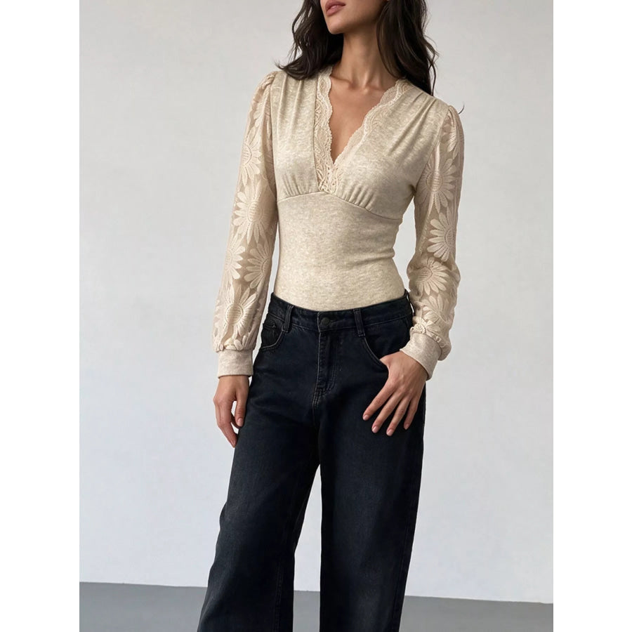 V-Neck Lace Trim Floral Mesh Sleeve Bodysuit Apparel and Accessories