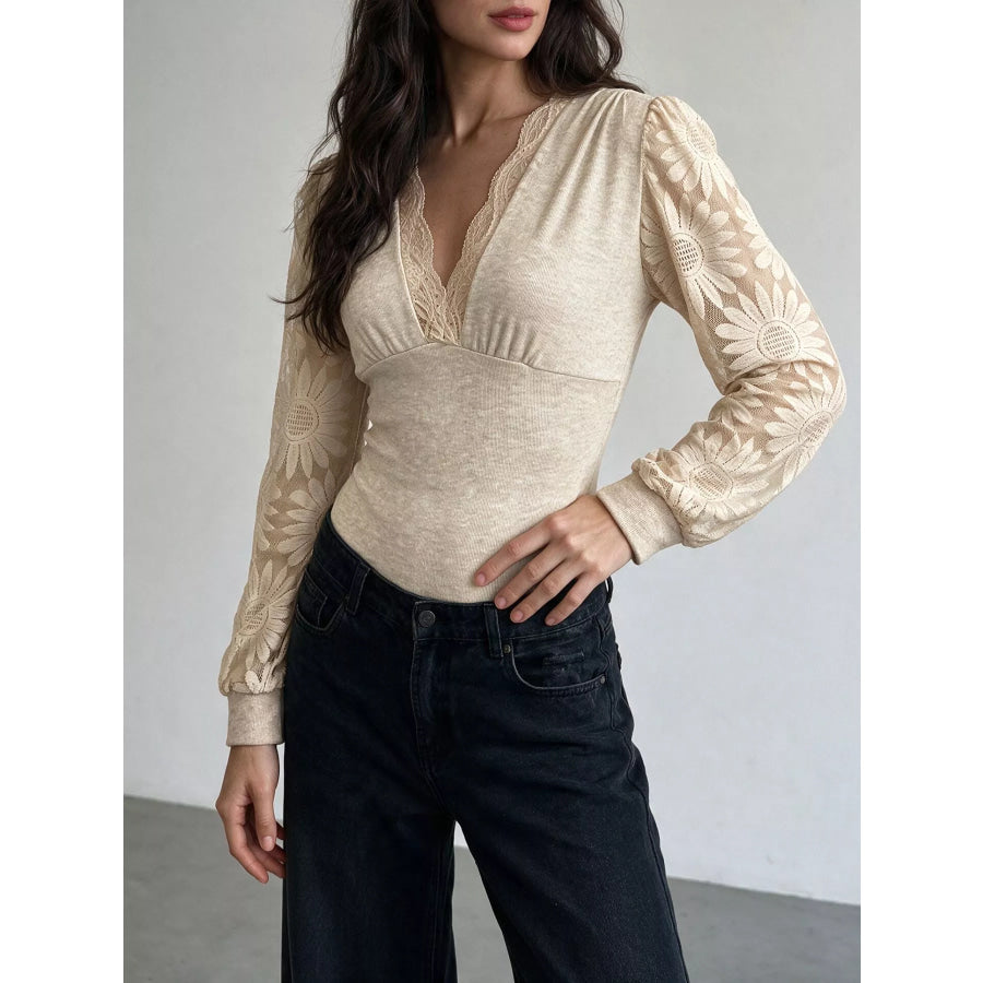 V-Neck Lace Trim Floral Mesh Sleeve Bodysuit Apparel and Accessories