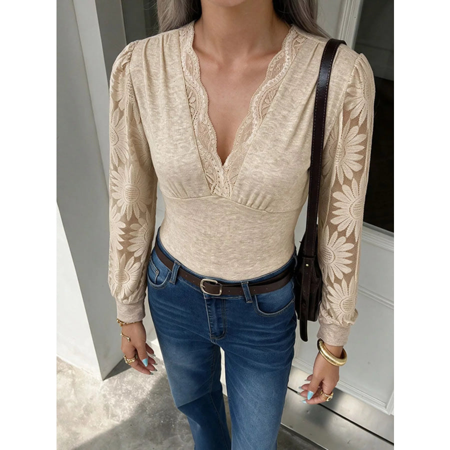 V-Neck Lace Trim Floral Mesh Sleeve Bodysuit Apparel and Accessories