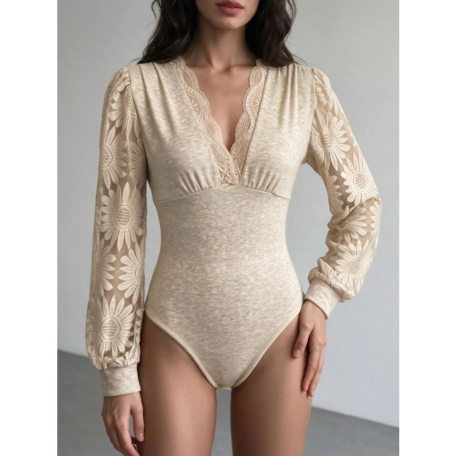 V-Neck Lace Trim Floral Mesh Sleeve Bodysuit Apricot / S Apparel and Accessories