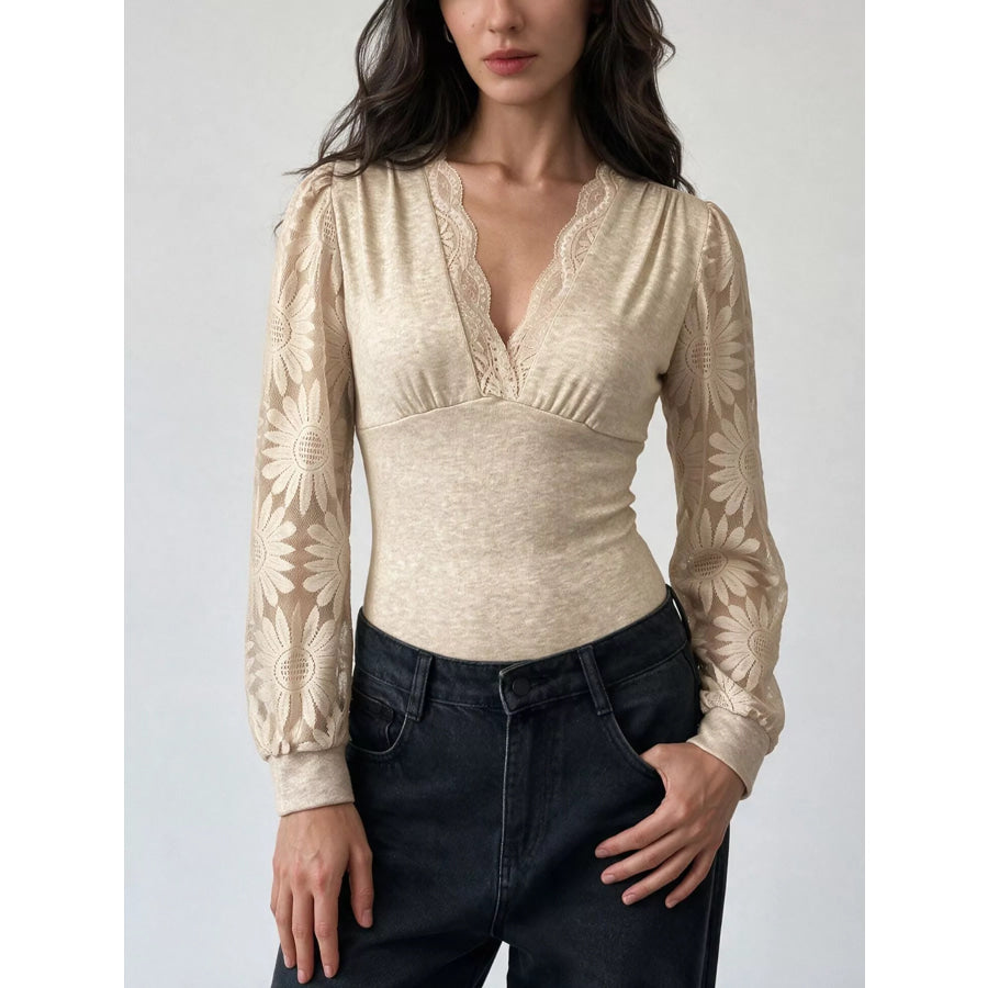 V-Neck Lace Trim Floral Mesh Sleeve Bodysuit Apricot / S Apparel and Accessories