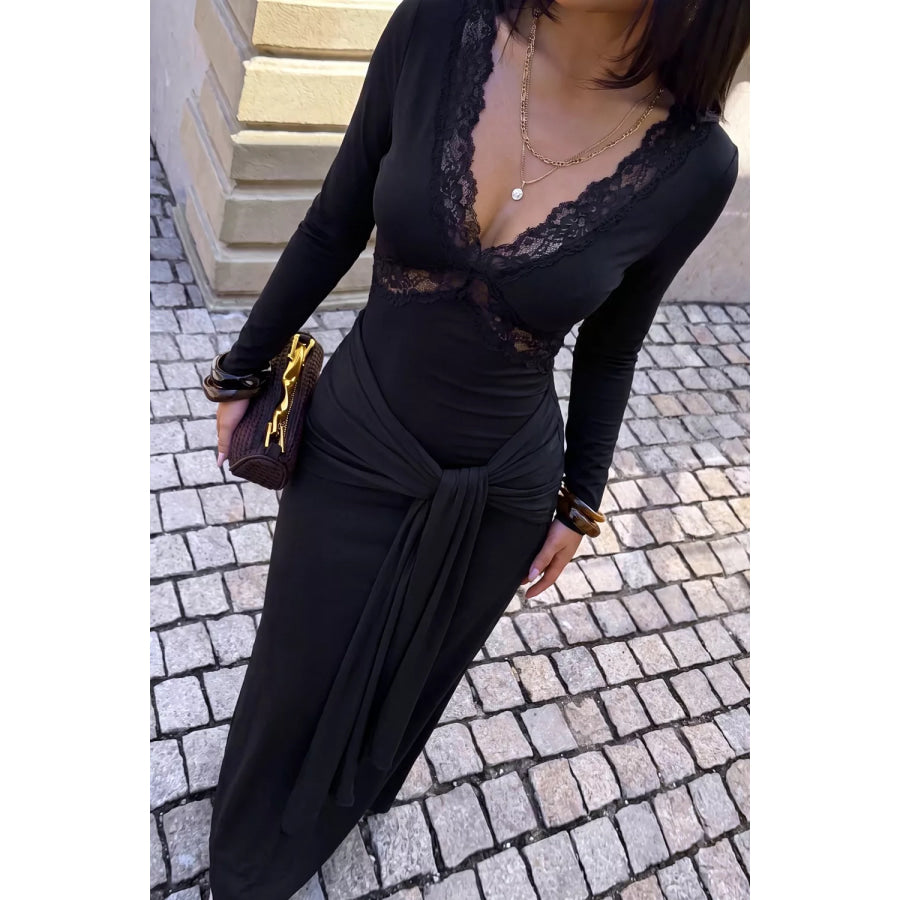 V-Neck Lace Trim Long Sleeve Tie-Waist Maxi Dress Black / S Apparel and Accessories