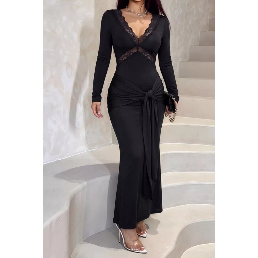 V-Neck Lace Trim Long Sleeve Tie-Waist Maxi Dress Black / S Apparel and Accessories