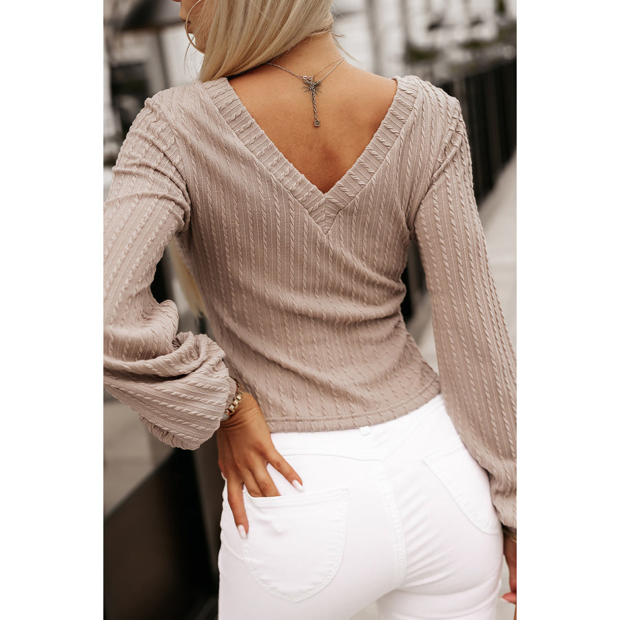 V-Neck Lantern Sleeve Blouse Mocha / M