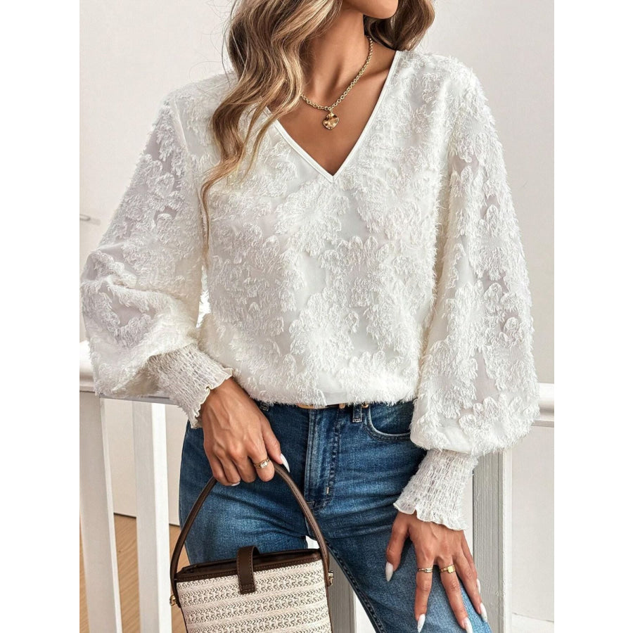 V-Neck Lantern Sleeve Blouse White / S Apparel and Accessories
