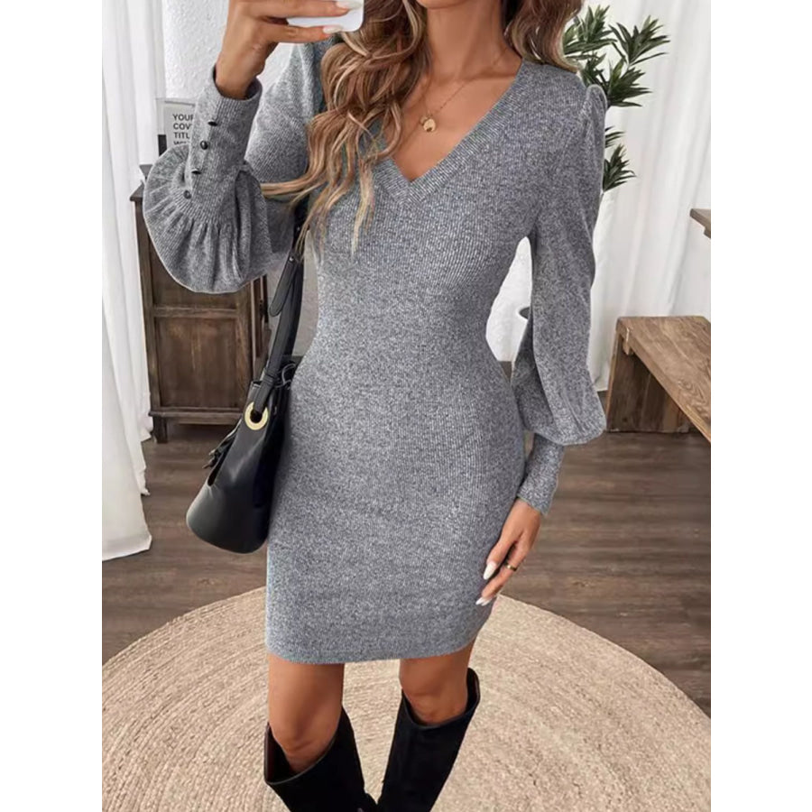 V-Neck Lantern Sleeve Dress Gray / S Apparel and Accessories