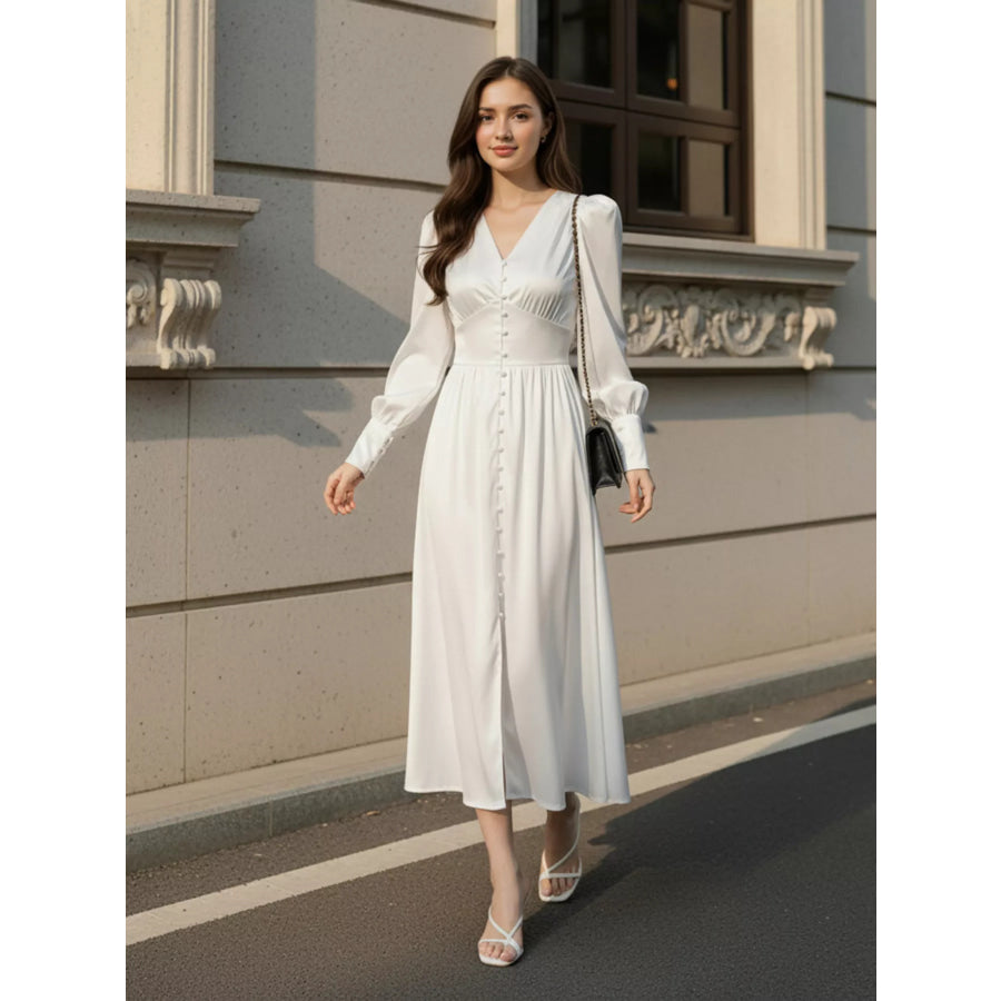 V-Neck Lantern Sleeve Midi Dress Apparel and Accessories
