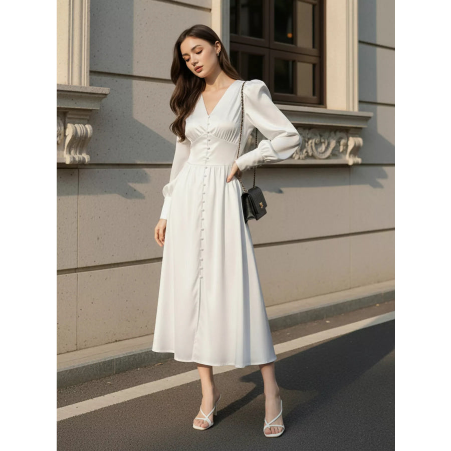 V-Neck Lantern Sleeve Midi Dress Apparel and Accessories