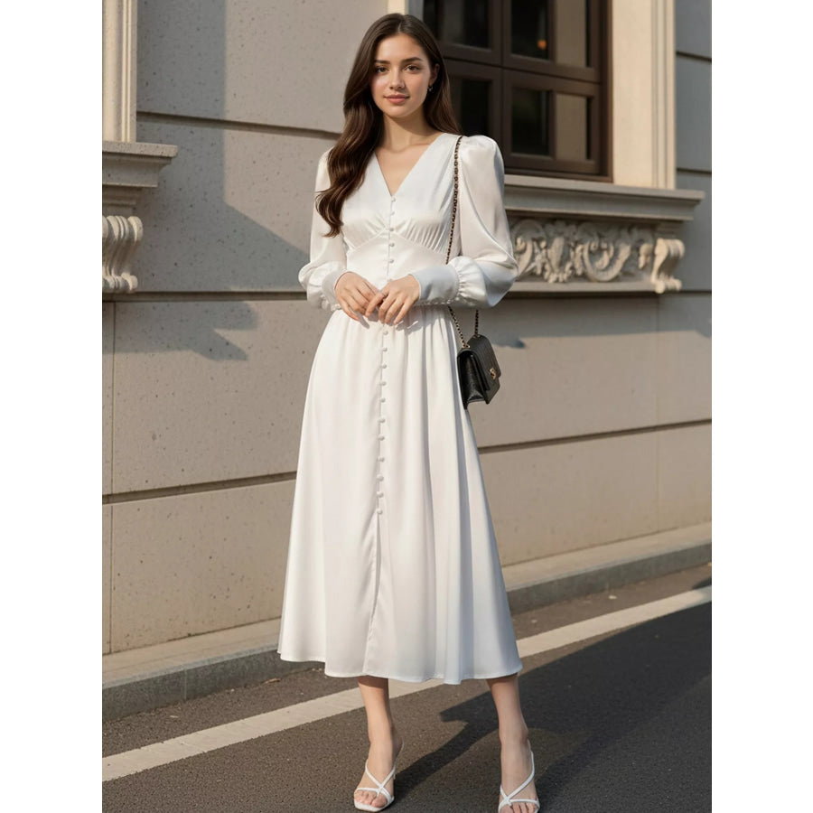 V-Neck Lantern Sleeve Midi Dress Apparel and Accessories