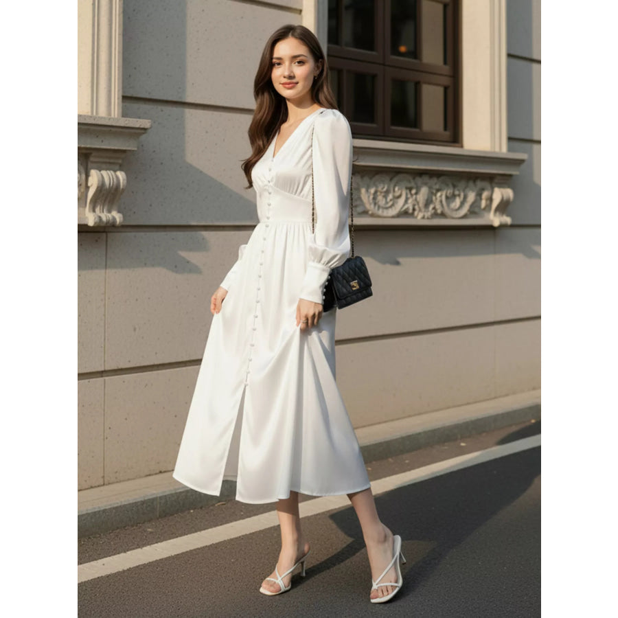 V-Neck Lantern Sleeve Midi Dress Apparel and Accessories
