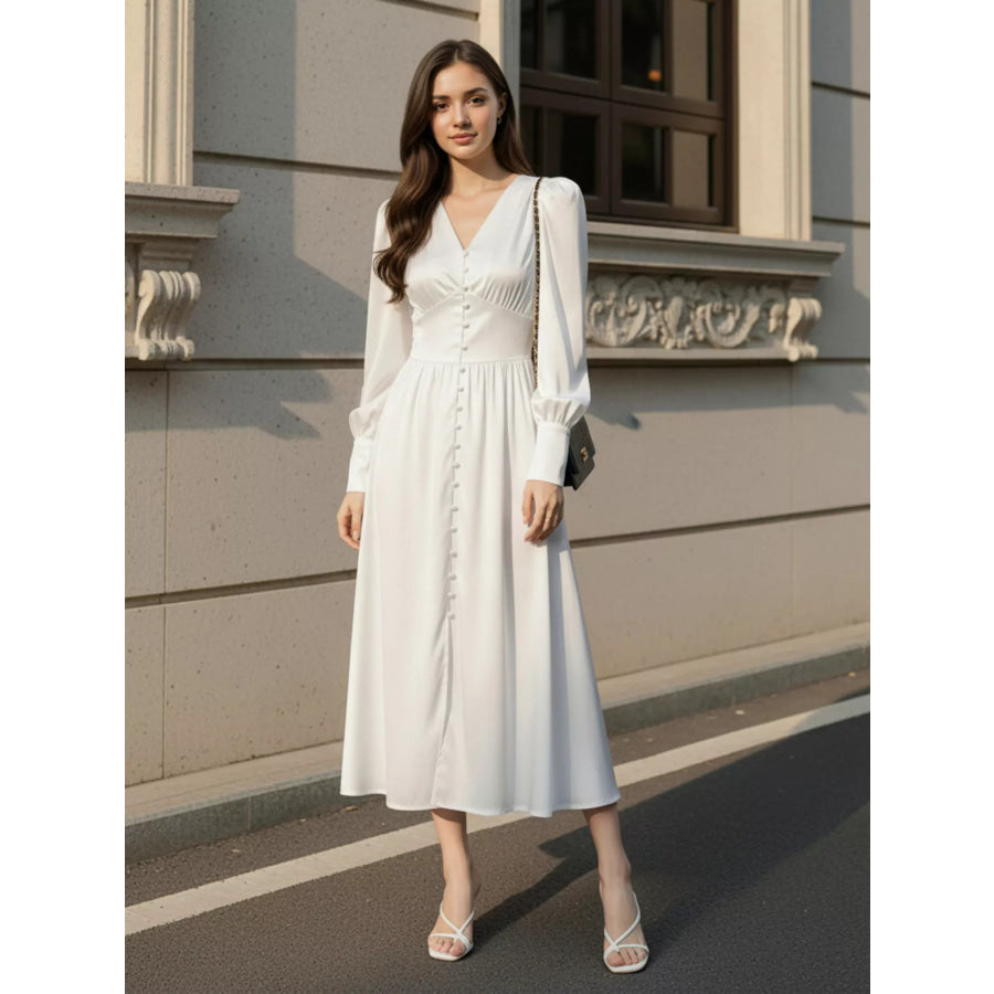 V-Neck Lantern Sleeve Midi Dress Apparel and Accessories