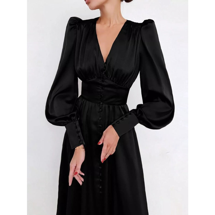 V-Neck Lantern Sleeve Midi Dress Black / S Apparel and Accessories