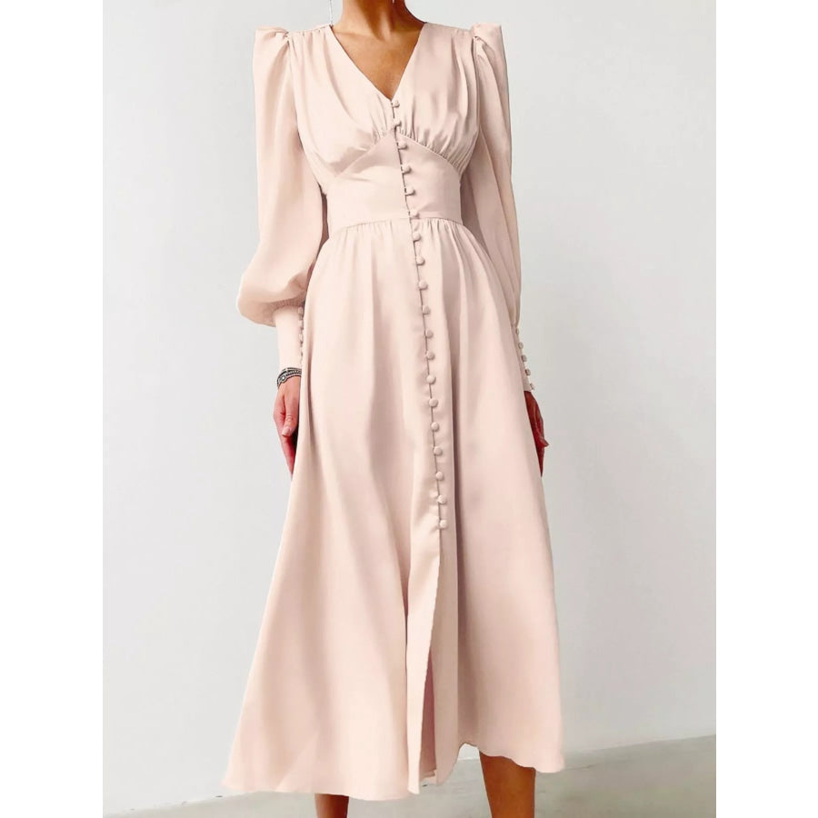 V-Neck Lantern Sleeve Midi Dress Eggshell / S Apparel and Accessories