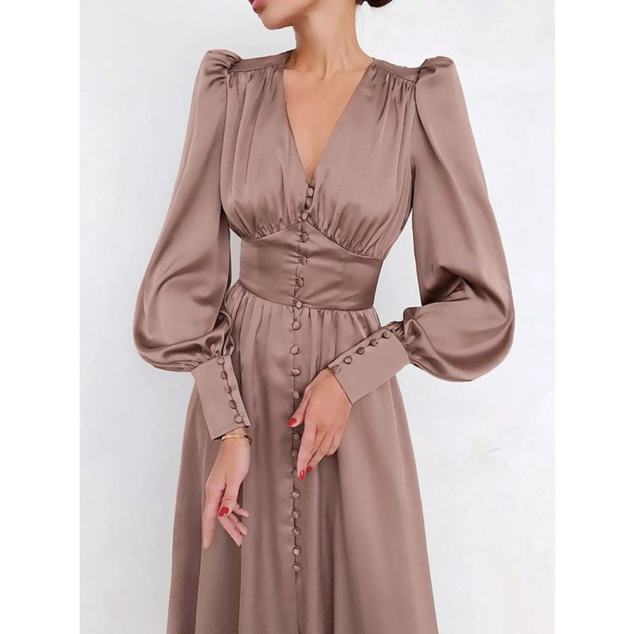 V-Neck Lantern Sleeve Midi Dress Pink Brown / S Apparel and Accessories