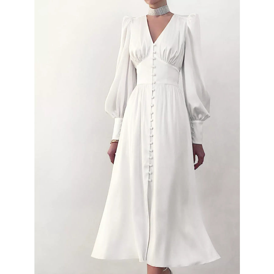 V-Neck Lantern Sleeve Midi Dress White / S Apparel and Accessories
