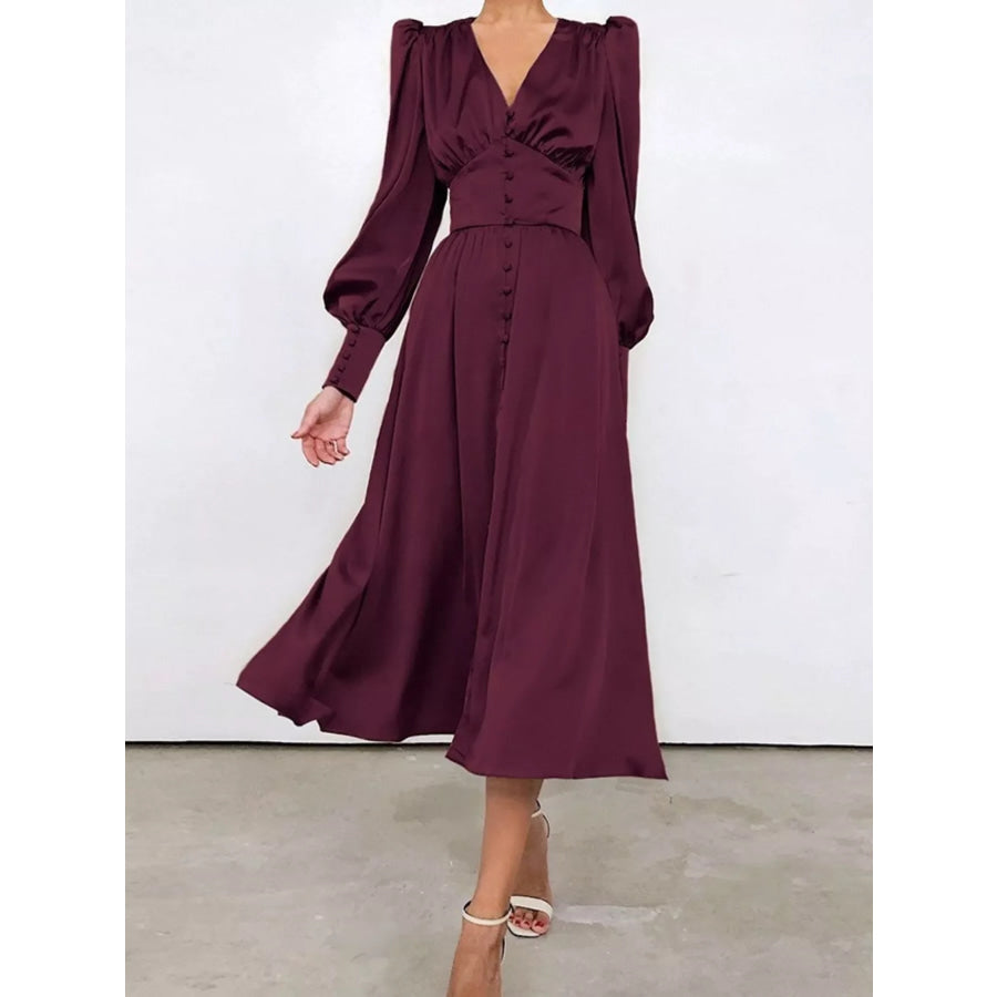 V-Neck Lantern Sleeve Midi Dress Wine Red / S Apparel and Accessories