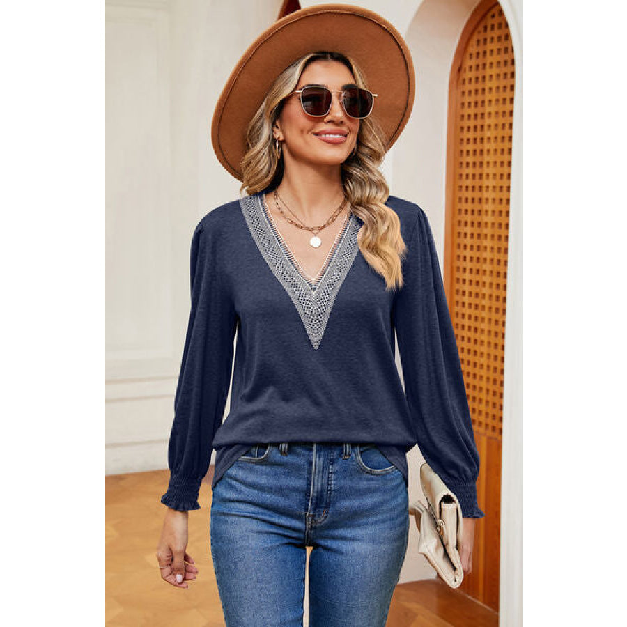 V - Neck Lantern Sleeve T - Shirt Navy / S Apparel and Accessories