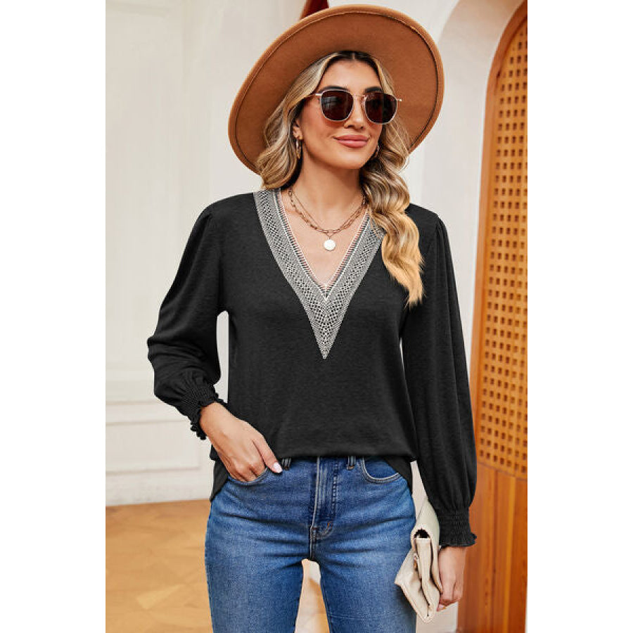 V - Neck Lantern Sleeve T - Shirt Black / S Apparel and Accessories