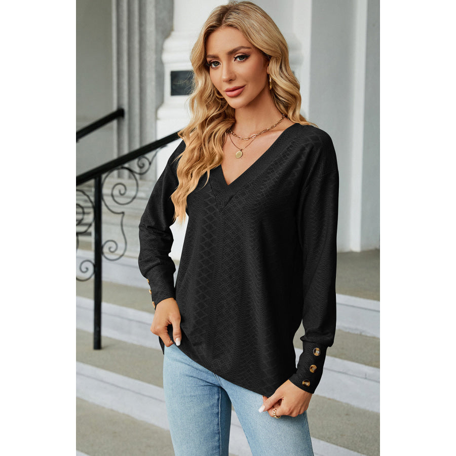 V - Neck Lantern Sleeve T - Shirt Black / S Apparel and Accessories