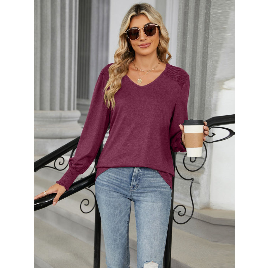 V-Neck Lantern Sleeve T-Shirt Burgundy / S Apparel and Accessories