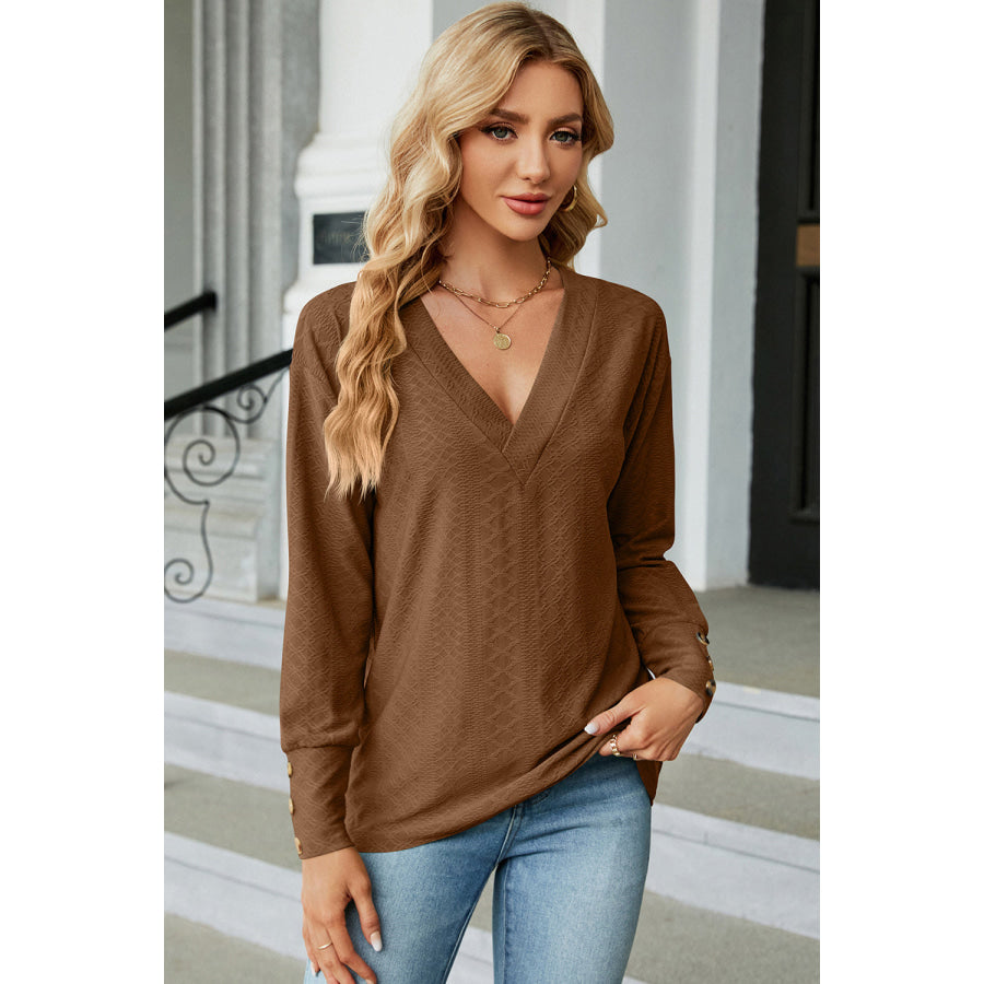 V - Neck Lantern Sleeve T - Shirt Coffee Brown / S Apparel and Accessories