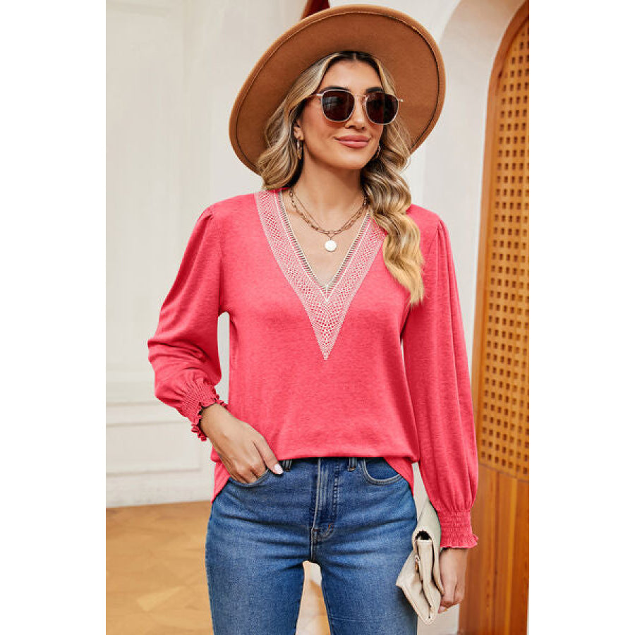 V - Neck Lantern Sleeve T - Shirt Coral / S Apparel and Accessories