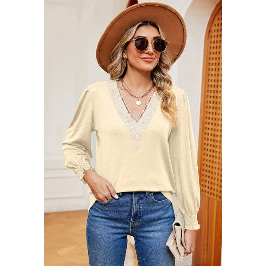 V - Neck Lantern Sleeve T - Shirt Cream / S Apparel and Accessories