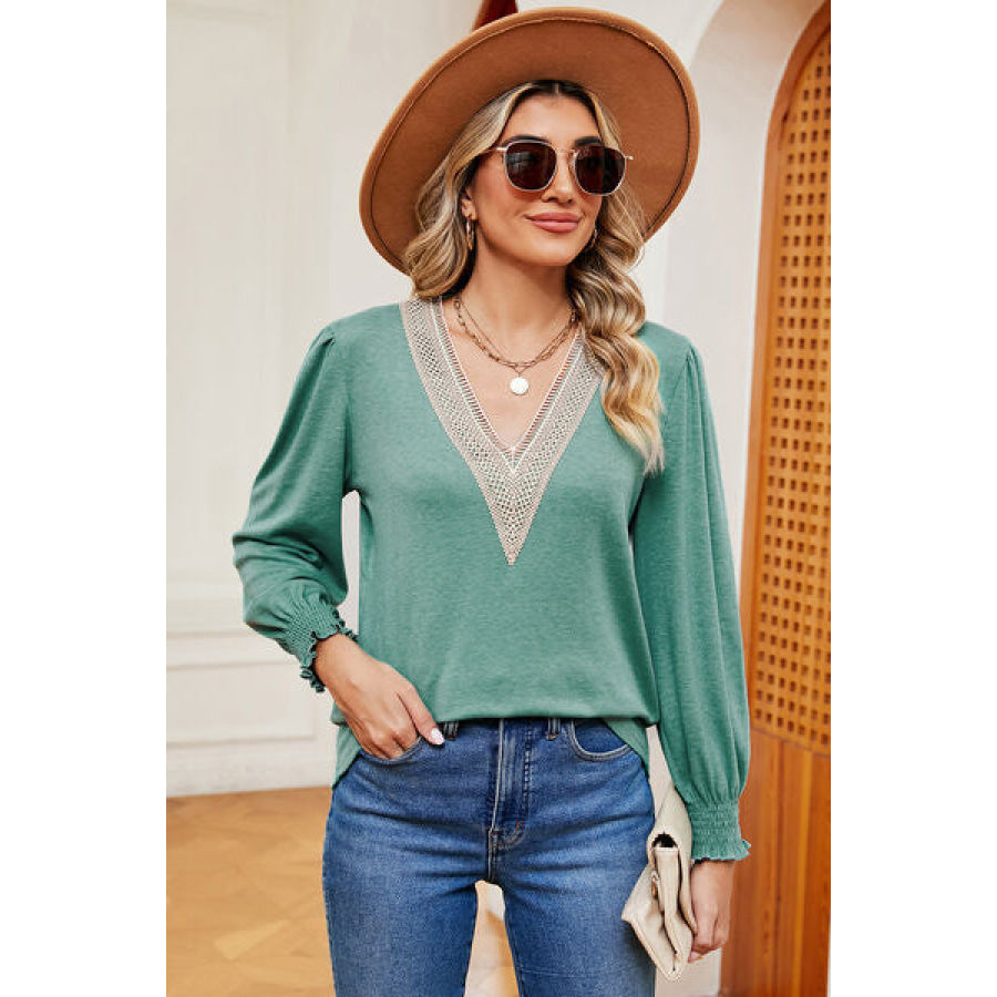 V - Neck Lantern Sleeve T - Shirt Gum Leaf / S Apparel and Accessories