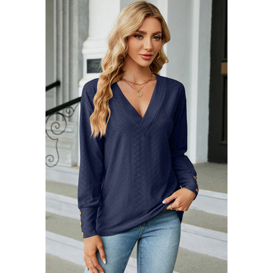 V - Neck Lantern Sleeve T - Shirt Navy / S Apparel and Accessories
