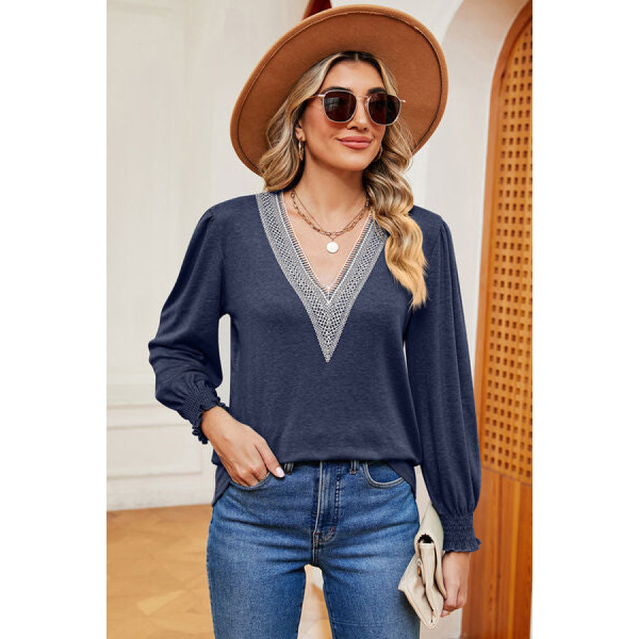 V - Neck Lantern Sleeve T - Shirt Navy / S Apparel and Accessories