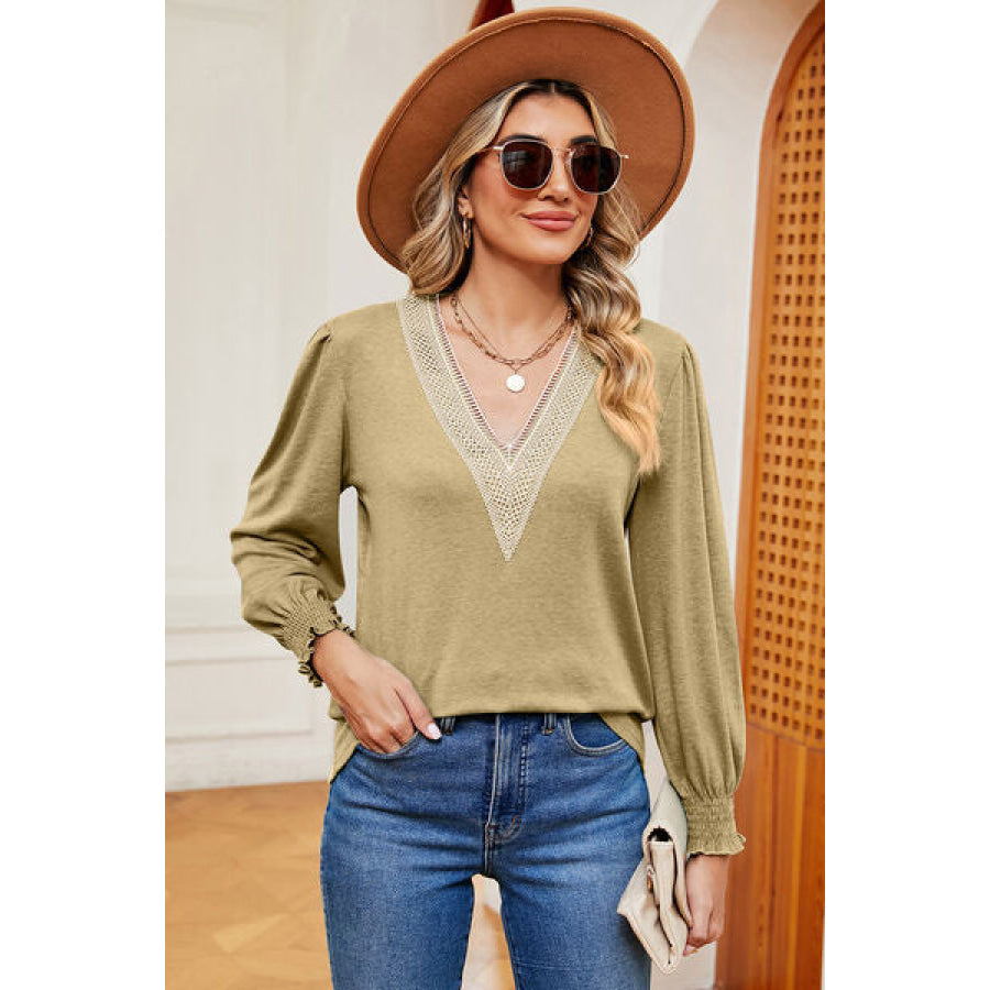 V - Neck Lantern Sleeve T - Shirt Taupe / S Apparel and Accessories