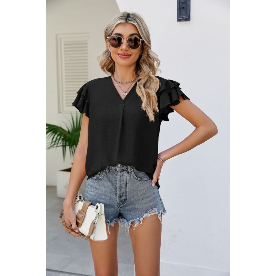 V-Neck Layered Flutter Sleeve Top