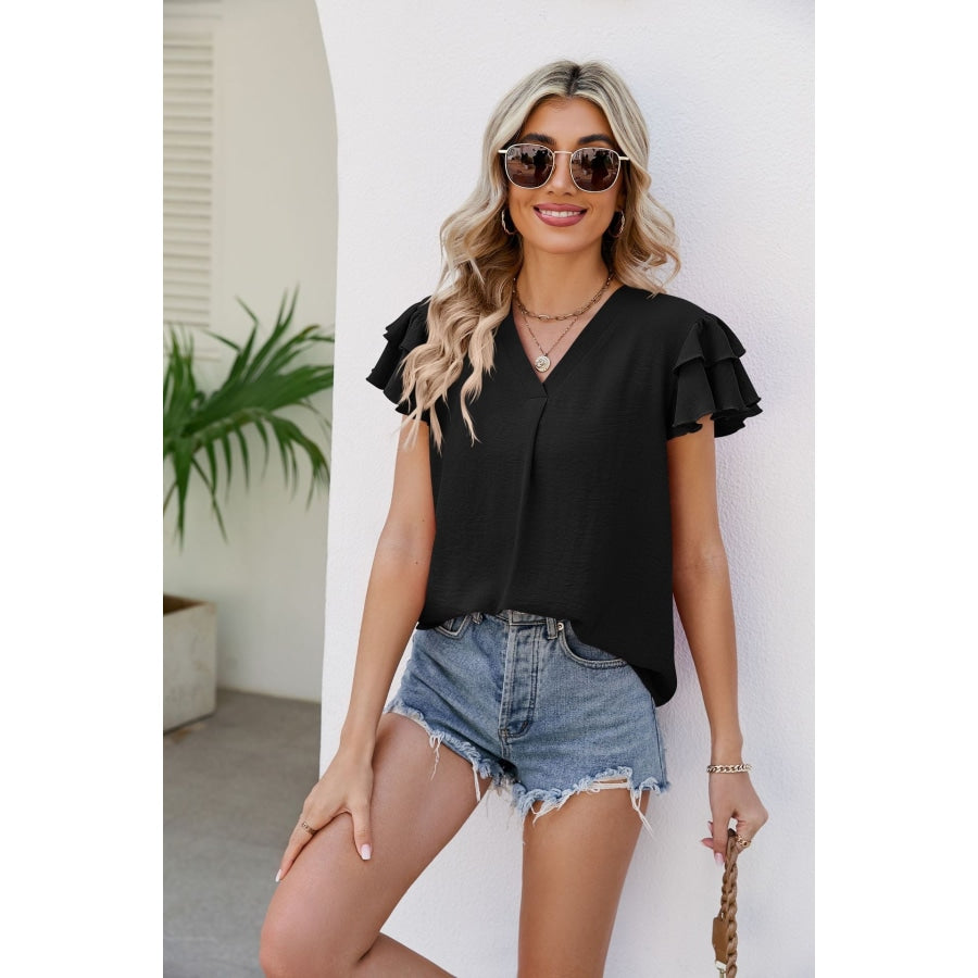 V-Neck Layered Flutter Sleeve Top