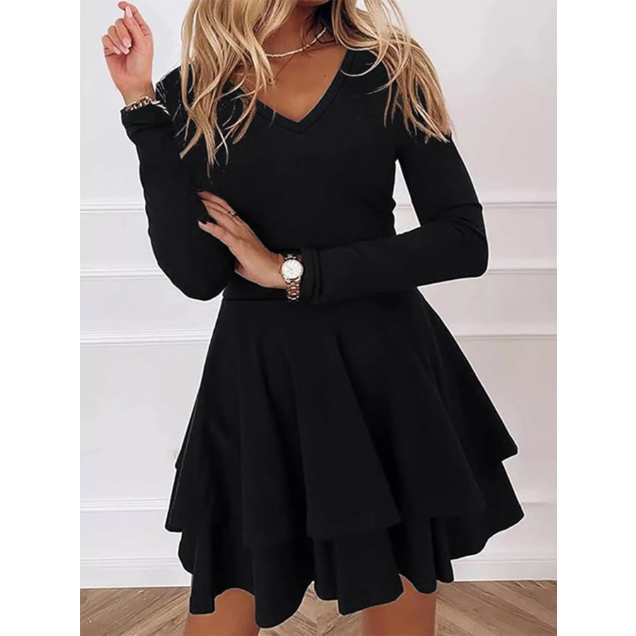 V-Neck Layered Ruffle Mini Dress Apparel and Accessories