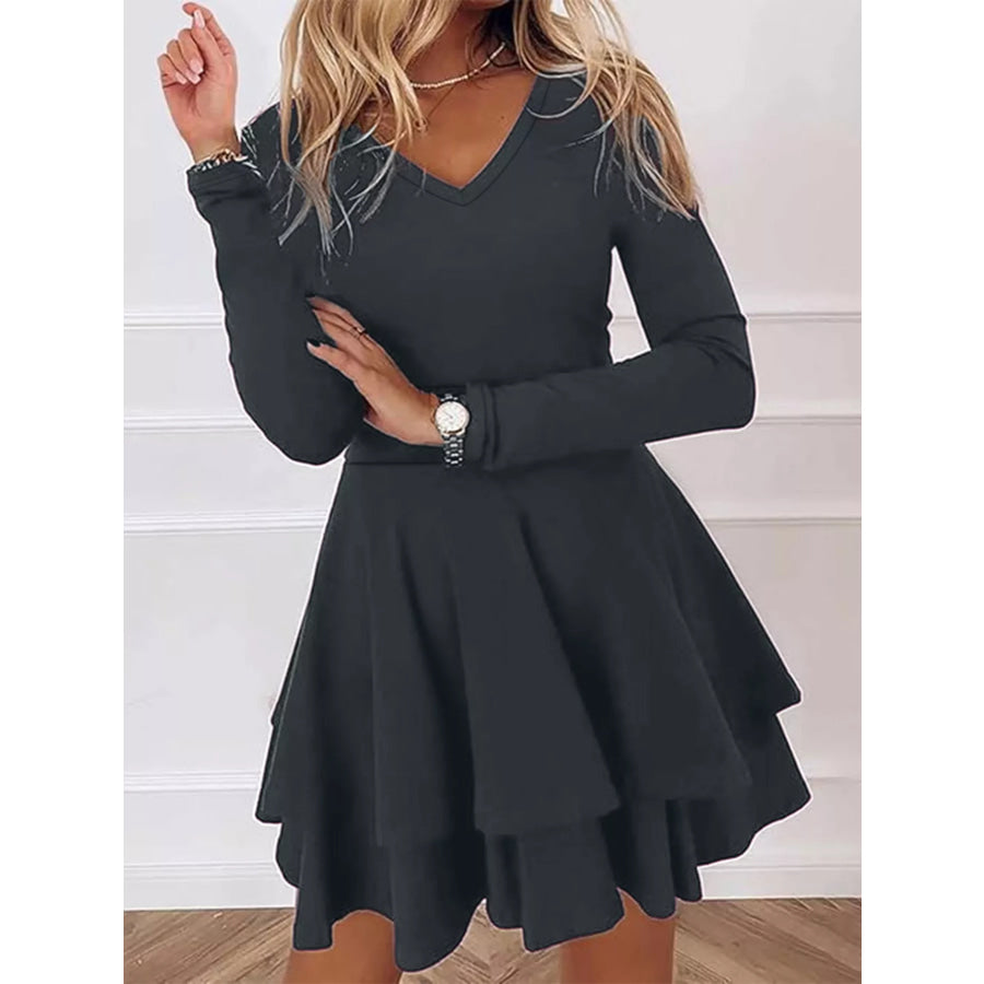V-Neck Layered Ruffle Mini Dress Apparel and Accessories
