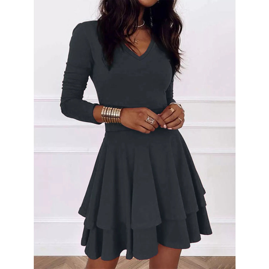 V-Neck Layered Ruffle Mini Dress Apparel and Accessories