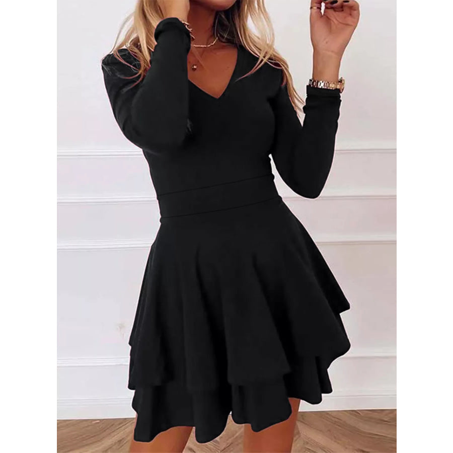 V-Neck Layered Ruffle Mini Dress Apparel and Accessories
