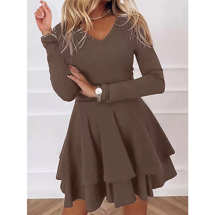 V-Neck Layered Ruffle Mini Dress Apparel and Accessories