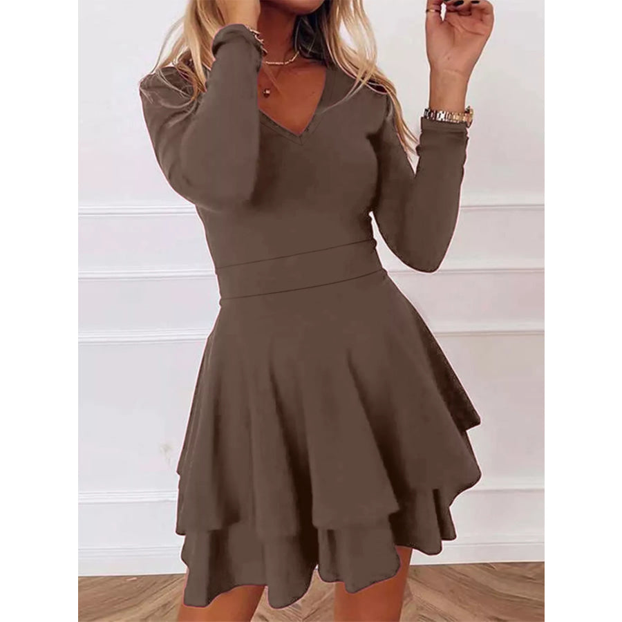 V-Neck Layered Ruffle Mini Dress Apparel and Accessories